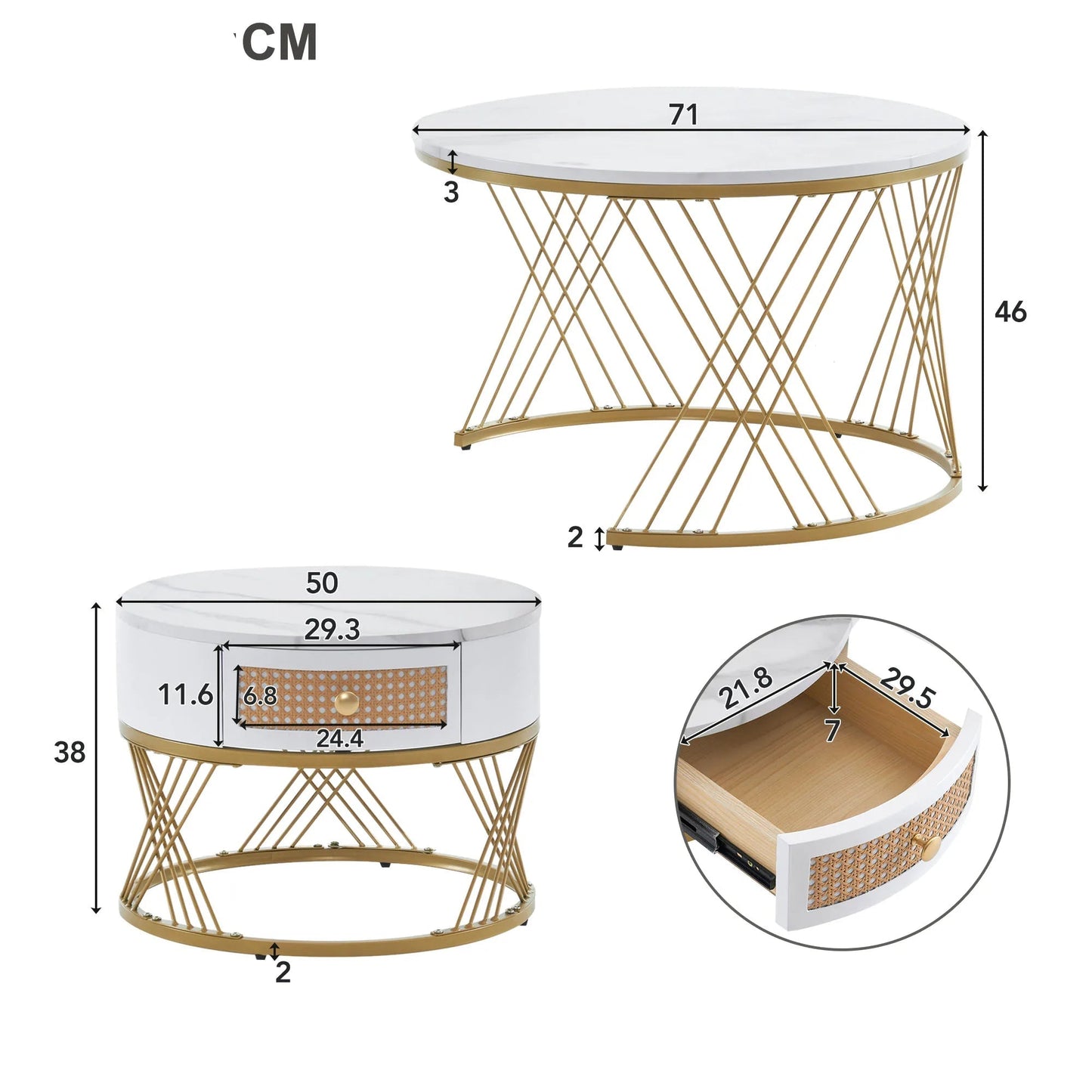 Salontafel Set – Nestbare Tafels – Witte Marmer Salontafel – Lage Tafels – Met Lade – Met Gouden Details