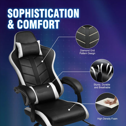 Ergonomische Gaming- & Bureaustoel – Game Stoel – Bureaustoel – Werkstoel – Relaxstoel – Verstelbare Rugleuning – Uittrekbare Voetensteun - Blauw - QUORE