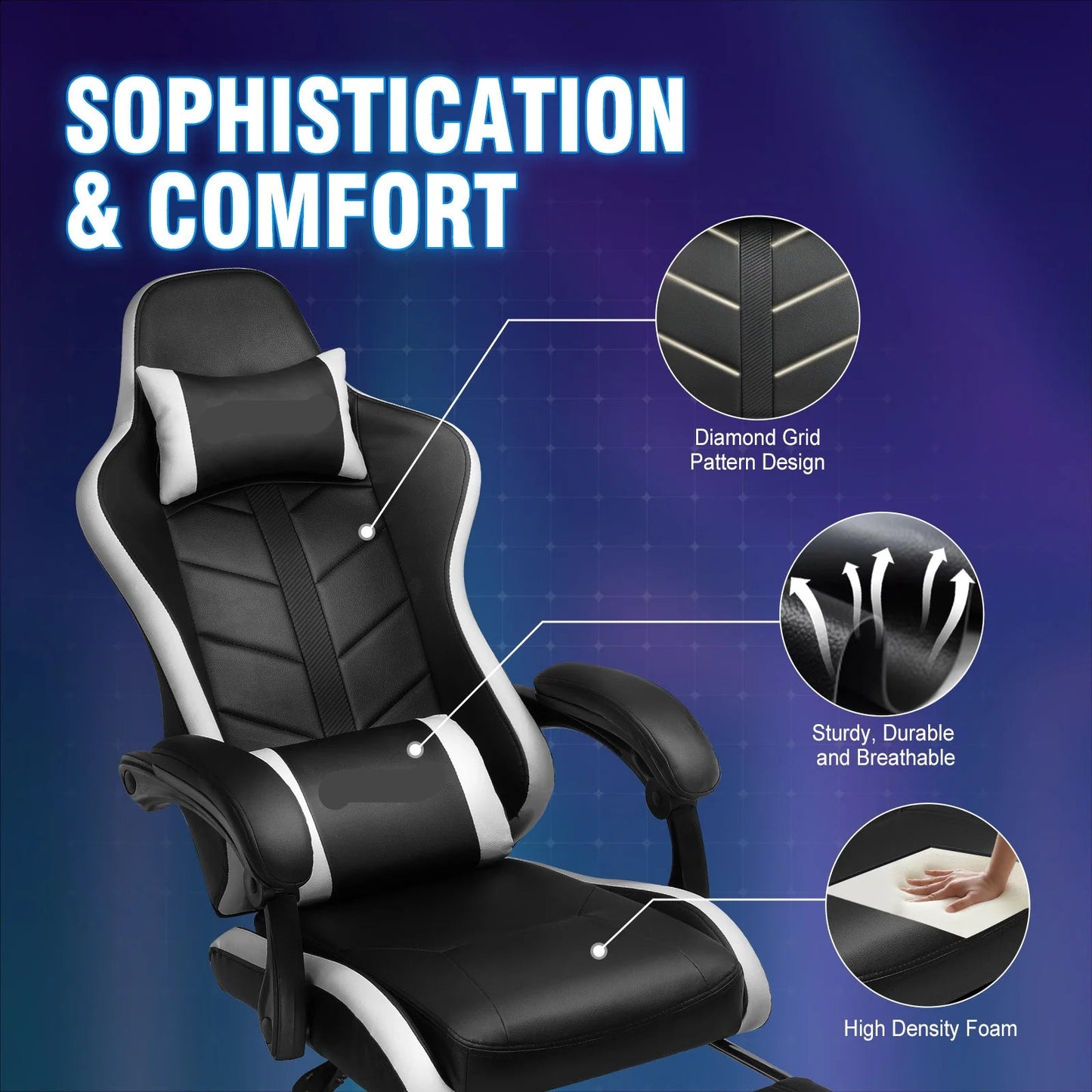 Ergonomische Gaming- & Bureaustoel – Game Stoel – Bureaustoel – Werkstoel – Relaxstoel – Verstelbare Rugleuning – Uittrekbare Voetensteun - Wit - QUORE