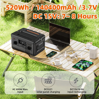 Draagbare Powerstation – Portable Accu – Noodstroom – Camping Accu – 520Wh Capaciteit – 600W Continu Vermogen