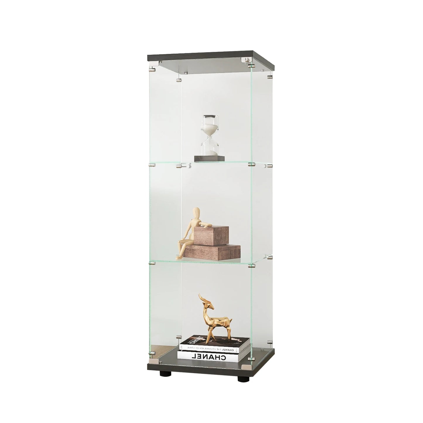 Rosahqnda Three-layer Glass Display Cabinet wardrobe with Doors and Locks, living room/office floor-to-ceiling glass shelf
