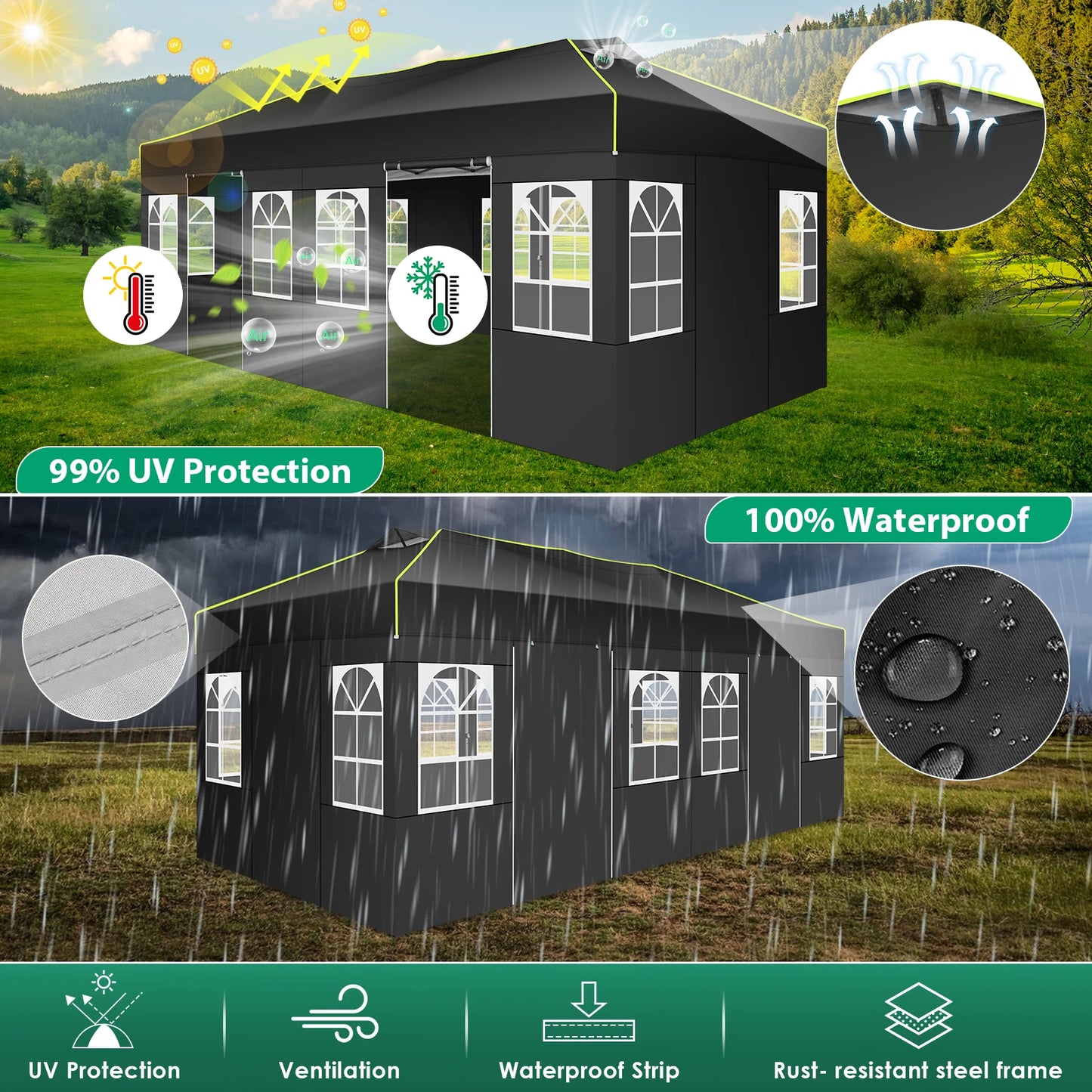Tuinpaviljoen – Partytent – Prijstent – Inklapbare Feesttent – Tuinkamer – Overkapping – Waterdicht 210D Oxford Materiaal – UPF 50+ UV Bescherming - 3x6m - Zwart - QUORE