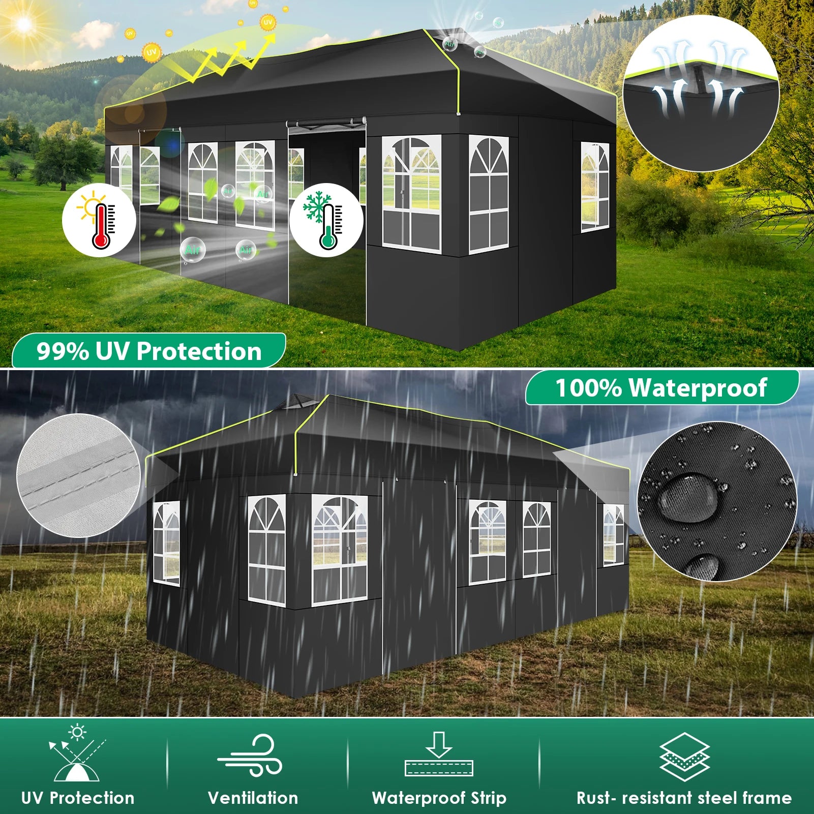 Tuinpaviljoen – Partytent – Prijstent – Inklapbare Feesttent – Tuinkamer – Overkapping – Waterdicht 210D Oxford Materiaal – UPF 50+ UV Bescherming - 3x6m - Zwart - QUORE