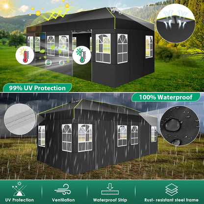 Tuinpaviljoen – Partytent – Prijstent – Inklapbare Feesttent – Tuinkamer – Overkapping – Waterdicht 210D Oxford Materiaal – UPF 50+ UV Bescherming - 3x6m - Zwart - QUORE