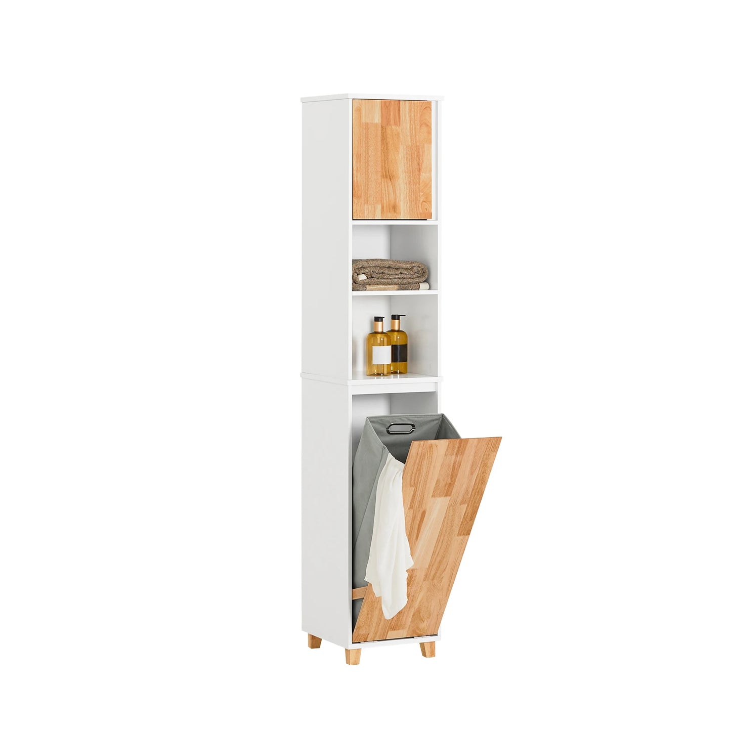 Hoge Badkamerkast – Badkamermeubel – Opbergkast – Wasmandkast – Waskast – Wit-Natuur – Inklapbare Wasmand – Stevige Rubberhouten Poten - QUORE