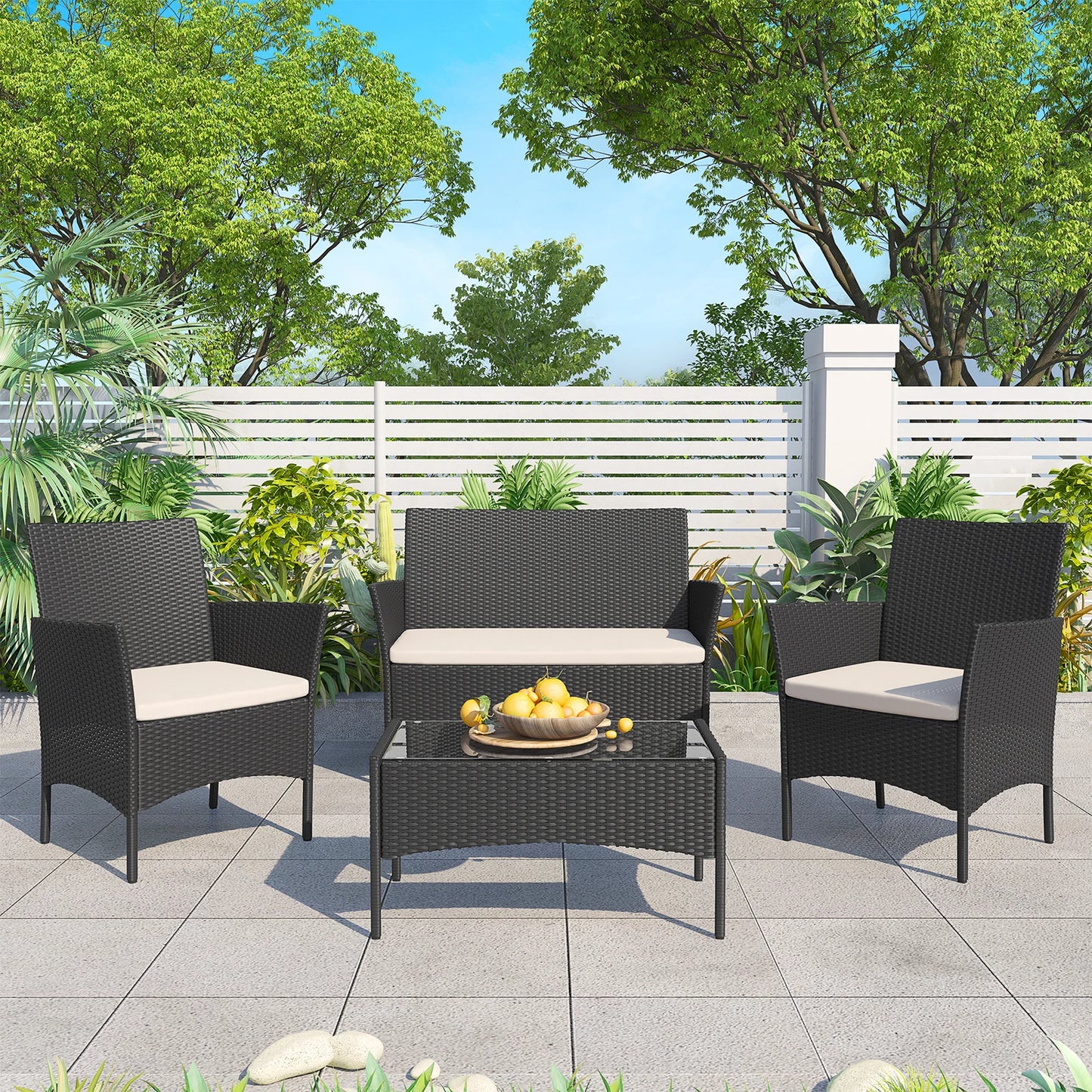 Rattan Loungeset – Tuinset – Loungeset Balkon – Buitenmeubel – Compact 4-Delig – Weerbestendig Staal – Gehard Glas - QUORE