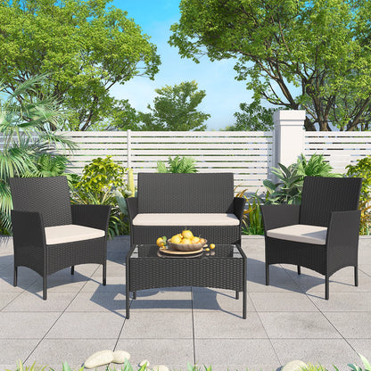Rattan Loungeset – Tuinset – Loungeset Balkon – Buitenmeubel – Compact 4-Delig – Weerbestendig Staal – Gehard Glas - QUORE
