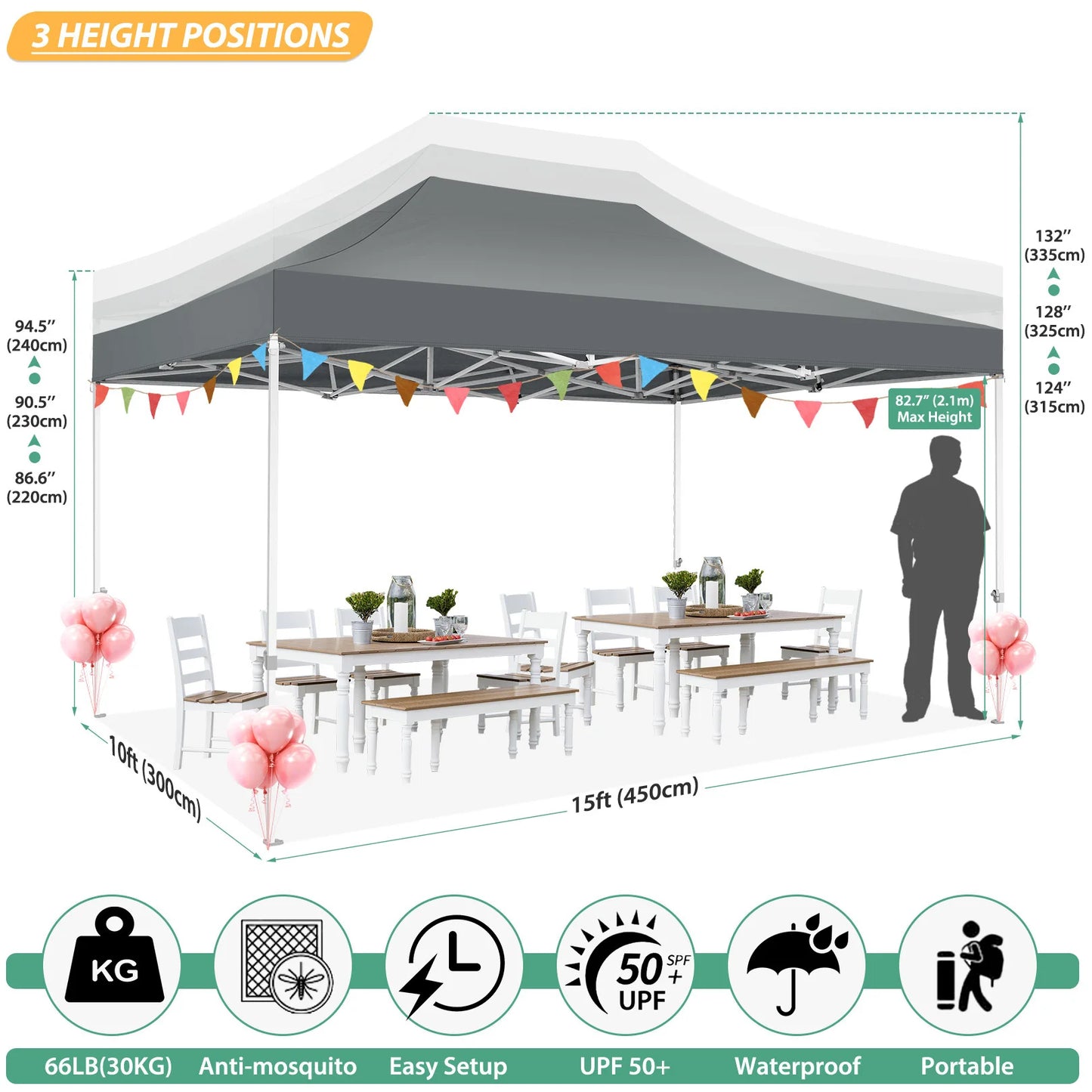 Tuinpaviljoen - Tuintent Opvouwbaar – Partytent – Campingtent – Verandatent – Insectenbeschermd – Waterdicht 420D Oxford – Verstelbare Hoogte - 3 x 4.5 m - Grijs