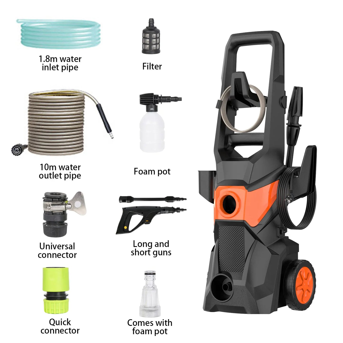 Hogedrukreiniger Elektrisch – Drukspuit – Waterreiniger – Terrasreiniger – Auto Hogedrukspuit – 1500W Vermogen – Verstelbare Lans 0-160° – Oranje