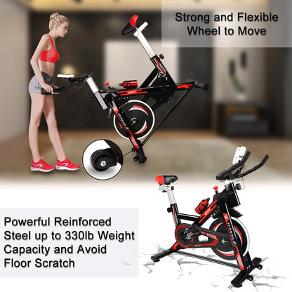 Hometrainer – Fitnessfiets – Conditiefiets – Cardiofiets – Stalen Constructie – Instelbare Weerstand – LCD-Display - Zwart-Rood 8KG - QUORE