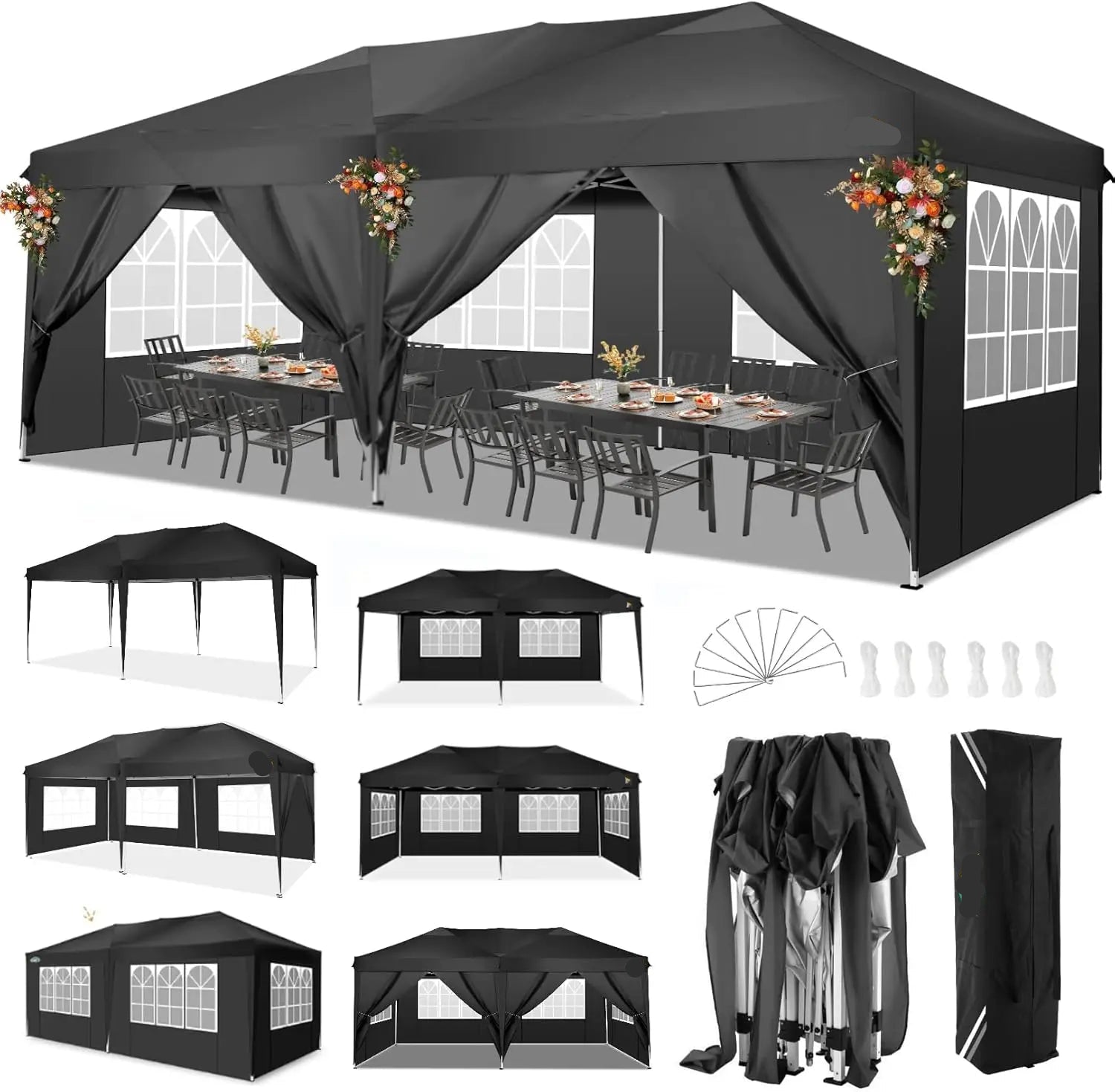 Partytent – Tent – Overkapping – Buitenluifel – 3x6 Meter – Waterdicht Oxford Doek – Verstelbaar Stalen Frame - Zwart - QUORE