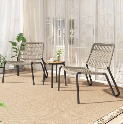 MERAX Bistro Set 3-TLG. -Galvanized steel balcony furniture & hand-braided rope, solid wood table, chairs 160 kg load capacity