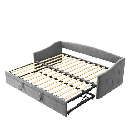Slaapbank – Bedbank – Uitklapbare Bank – Slaapbank Zonder Matras – Grijs – Velvetstof – Compact 90x200 cm – Uitklapbaar Tot 180x200 cm