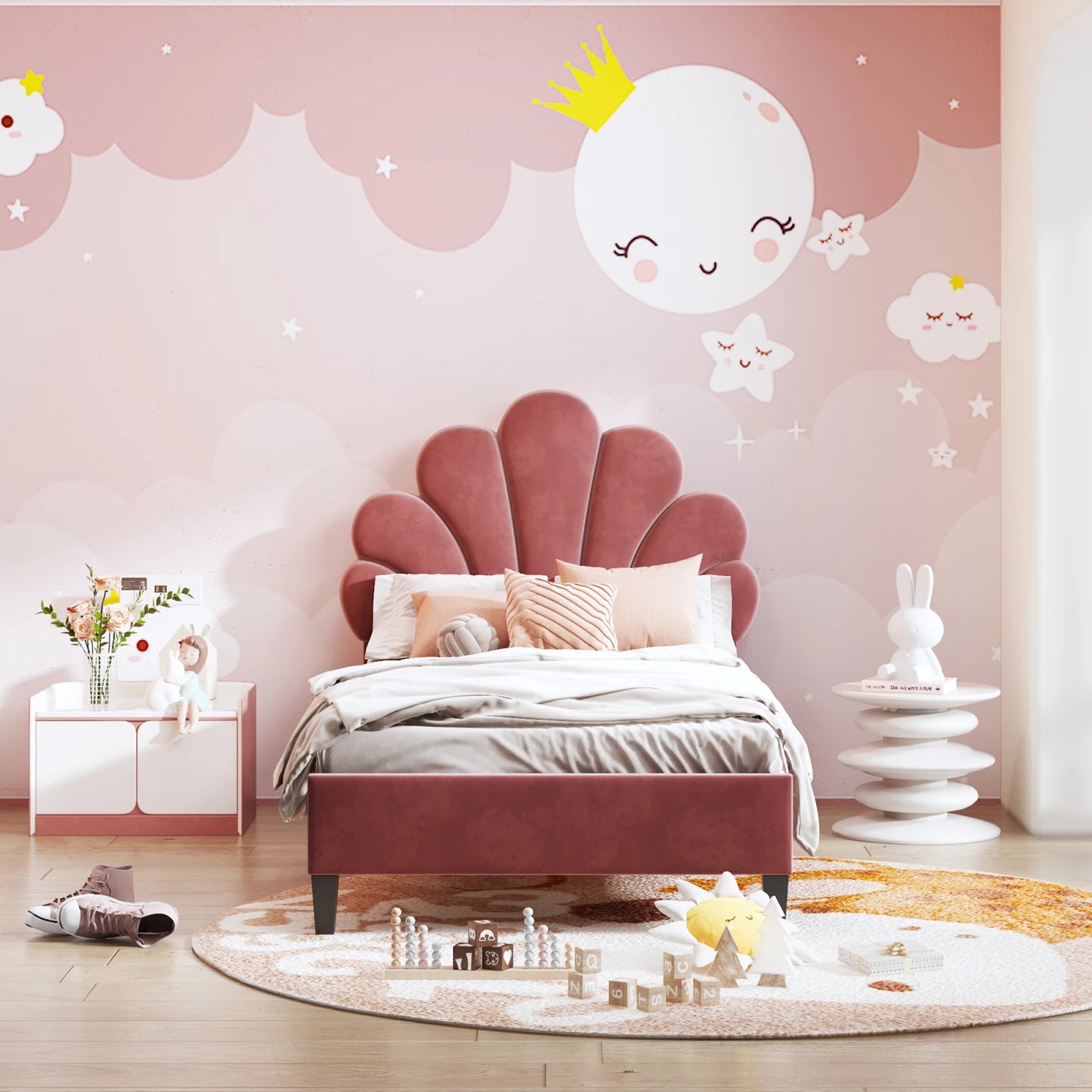 Kinderbed – Eenpersoonsbed – Bedframe – Tienerbed – Jongensbed – Wijnrood Velvet – 90 x 200 cm – Fluwelen Bekleding – Uniek Bloemhoofdeinde
