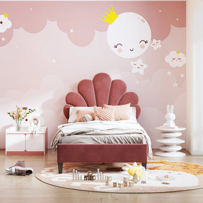 Kinderbed – Eenpersoonsbed – Bedframe – Tienerbed – Jongensbed – Wijnrood Velvet – 90 x 200 cm – Fluwelen Bekleding – Uniek Bloemhoofdeinde