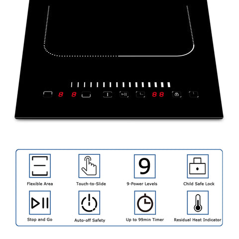 Inductie kookplaat - Induction Hob - Induction Cook Top - Inductie Fornuis - Elektrische Brander - 2 branders - 3500W - 12'' inbouw inductiekookplaat - met gecombineerde zone - Veiligheidsslot - Timer - Pauze - Zwart
