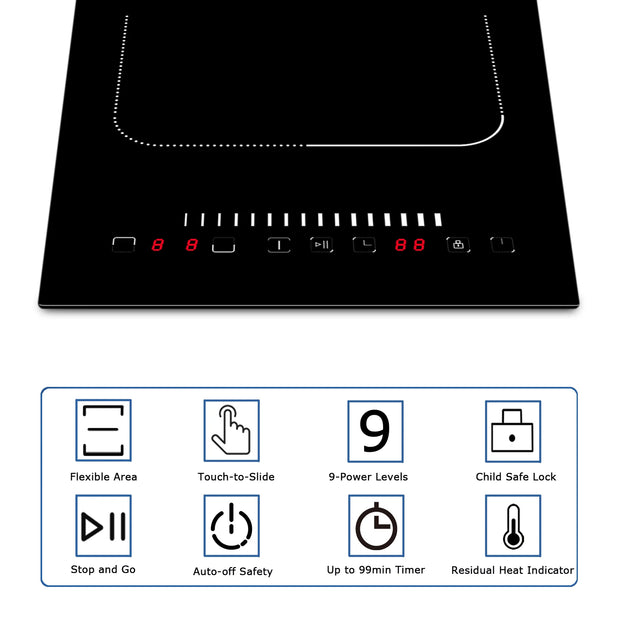 Inductie kookplaat - Induction Hob - Induction Cook Top - Inductie Fornuis - Elektrische Brander - 2 branders - 3500W - 12'' inbouw inductiekookplaat - met gecombineerde zone - Veiligheidsslot - Timer - Pauze - Zwart