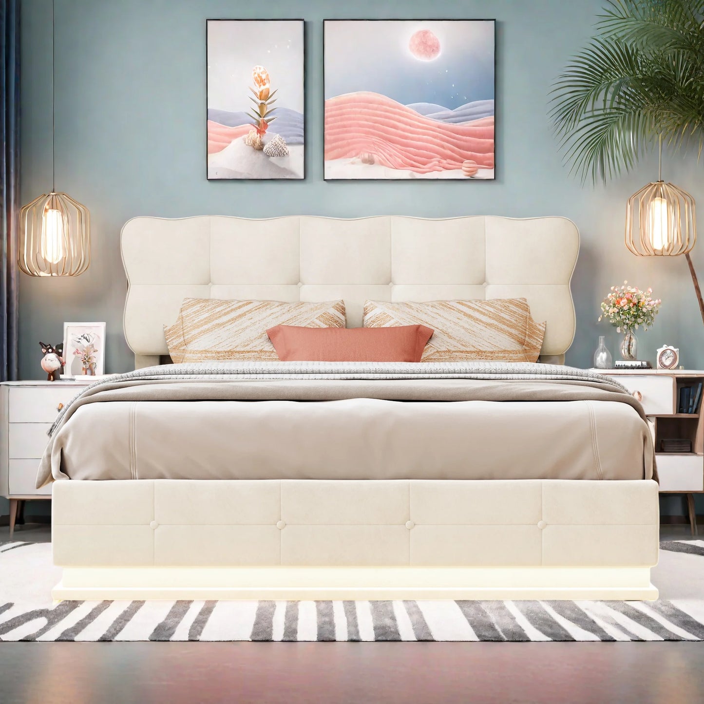 Tweepersoonsbed – Gestoffeerd Bed – Opbergbed – LED Bed – Hydraulisch Bed – 160 x 200 cm – Beige Velvet – Met Dimbare LED-Verlichting en Grote Opbergruimte