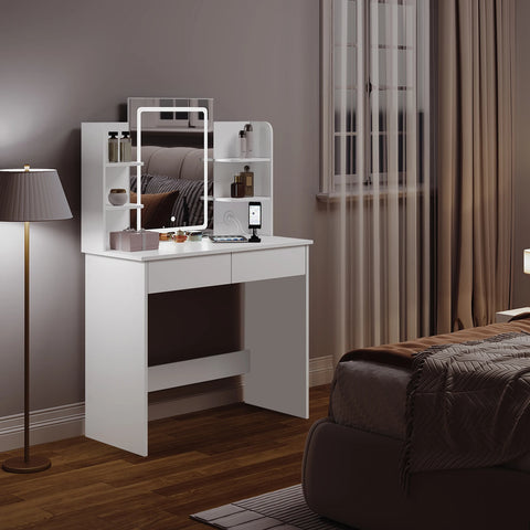 Kaptafel - Make-up Tafel - Make up Tafel met Spiegel en Lampen - Verstelbare Helderheid - 2 USB Poorten - 2 Lades - 6 Opbergplanken - 90x135x40 cm - Wit