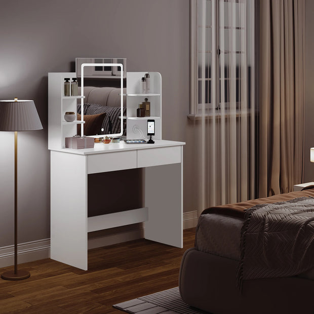 Kaptafel - Make-up Tafel - Make up Tafel met Spiegel en Lampen - Verstelbare Helderheid - 2 USB Poorten - 2 Lades - 6 Opbergplanken - 90x135x40 cm - Wit