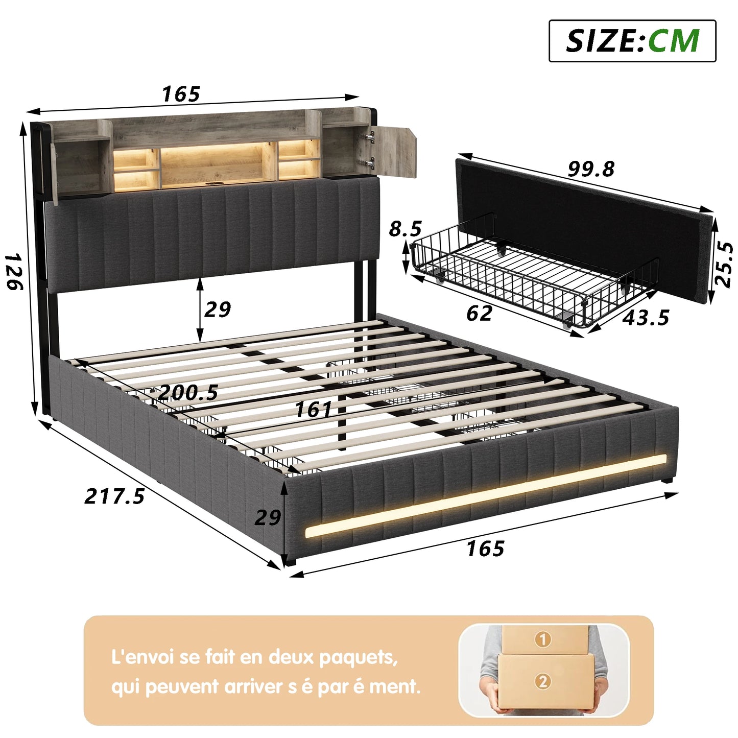 Tweepersoonsbed – Opbergbed – Led Bed – Bed met Lades – Linnen Bed – 140x190 cm – Ingebouwde LED-Verlichting en USB-Poorten