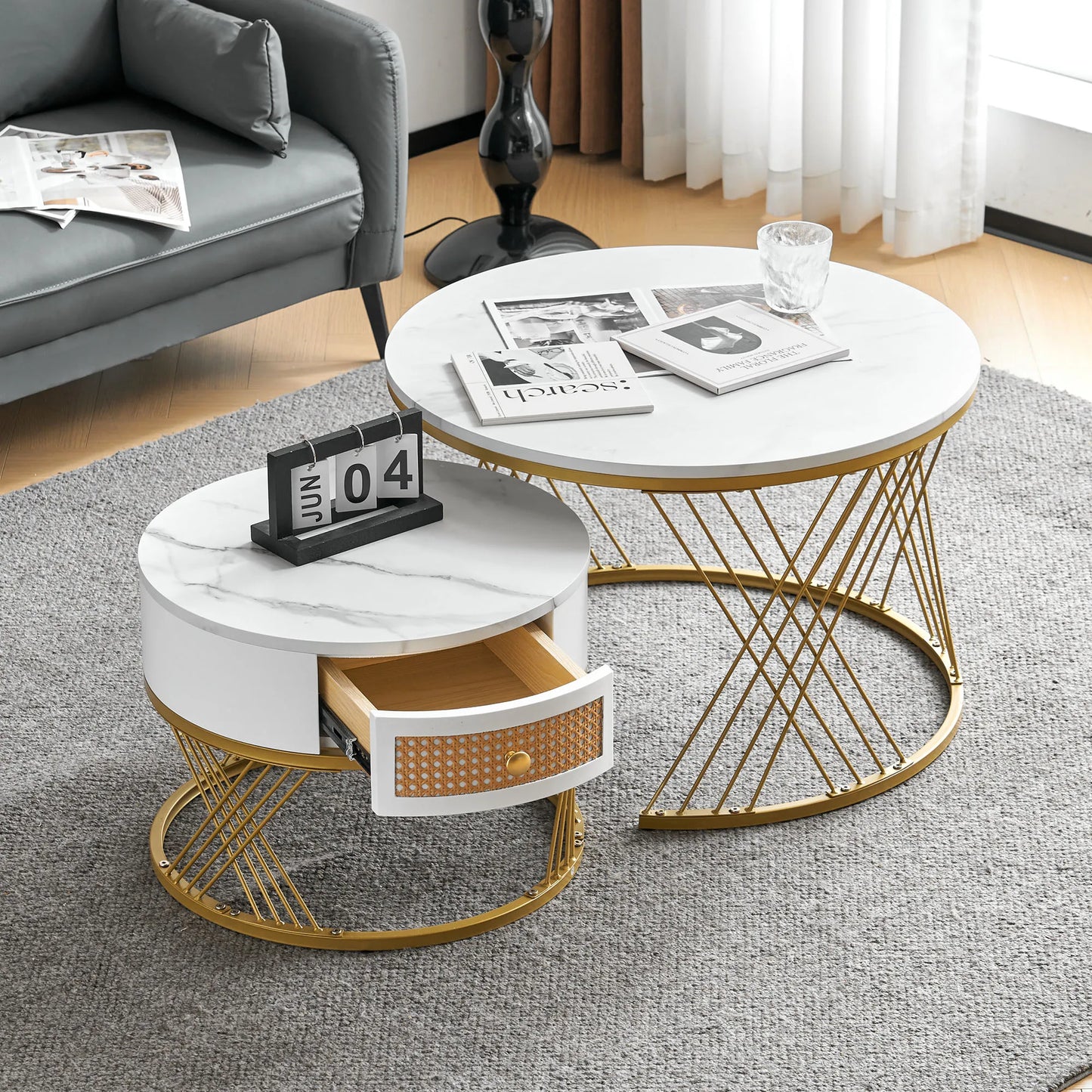 Salontafel Set – Nestbare Tafels – Witte Marmer Salontafel – Lage Tafels – Met Lade – Met Gouden Details