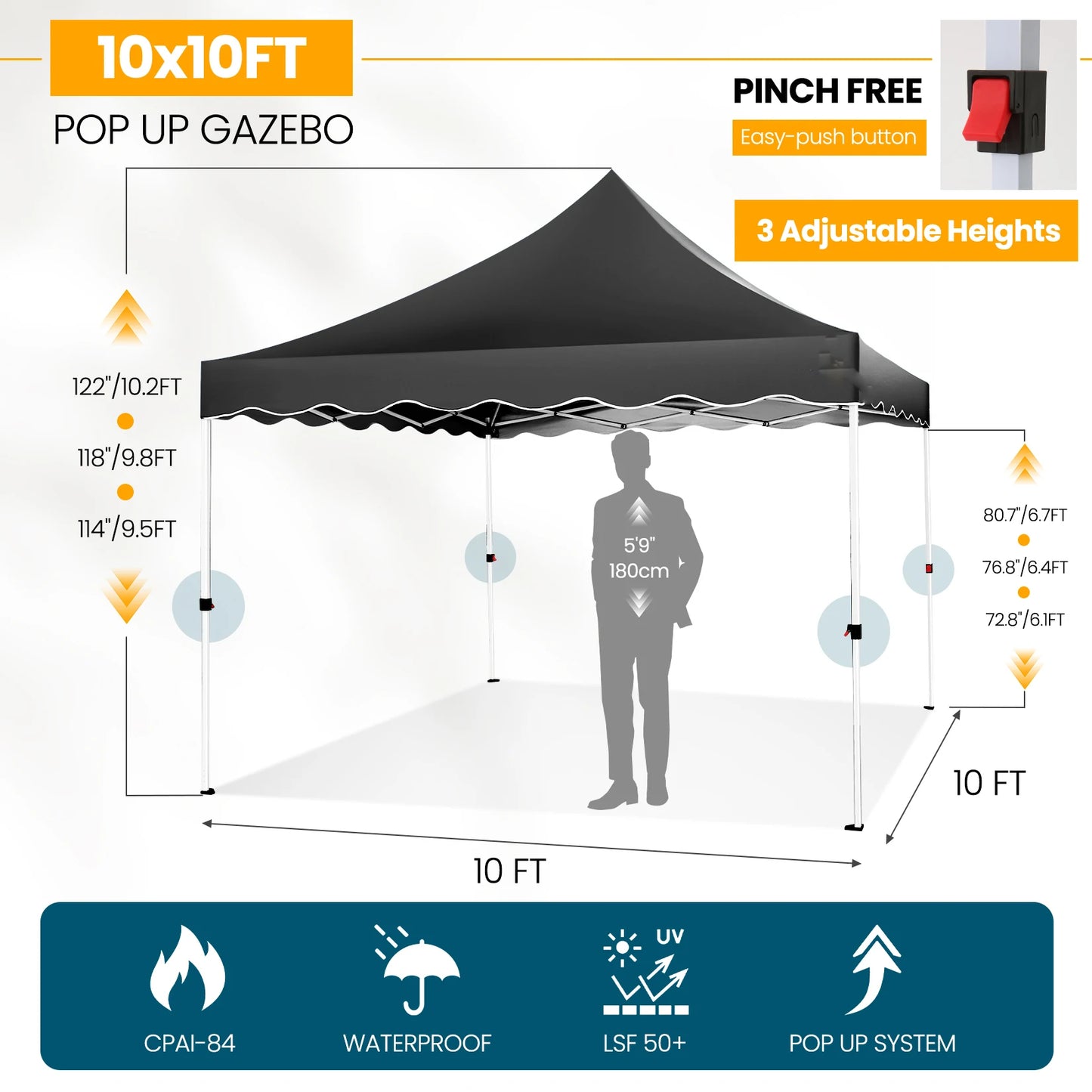 Opvouwbaar Paviljoen – Partytent – Tuinpaviljoen – Marktstand – Schaduwdoek – Waterdicht – Verstelbaar Frame - Zwart