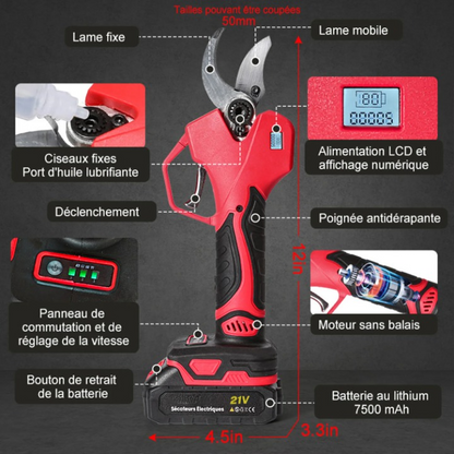 Elektrische Snoeischaar - Snoerloze Takkenschaar - Tuinschaar - Draadloze - Borstelloze Motor - met Draagtas - Handschoenen - Muts - Extra mes - Gereedschap - 2 x 21V Batterijen - 900W - 40mm Snijbreedte - Rood