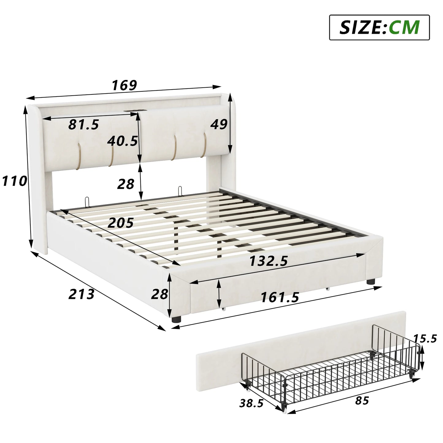 Tweepersoonsbed – Bedframe – Opbergbed – Slaapbank – Boxspring – 160x200 cm – Met LED-verlichting en USB-oplaadpunt – Grijs Fluwelen Hoofdeinde