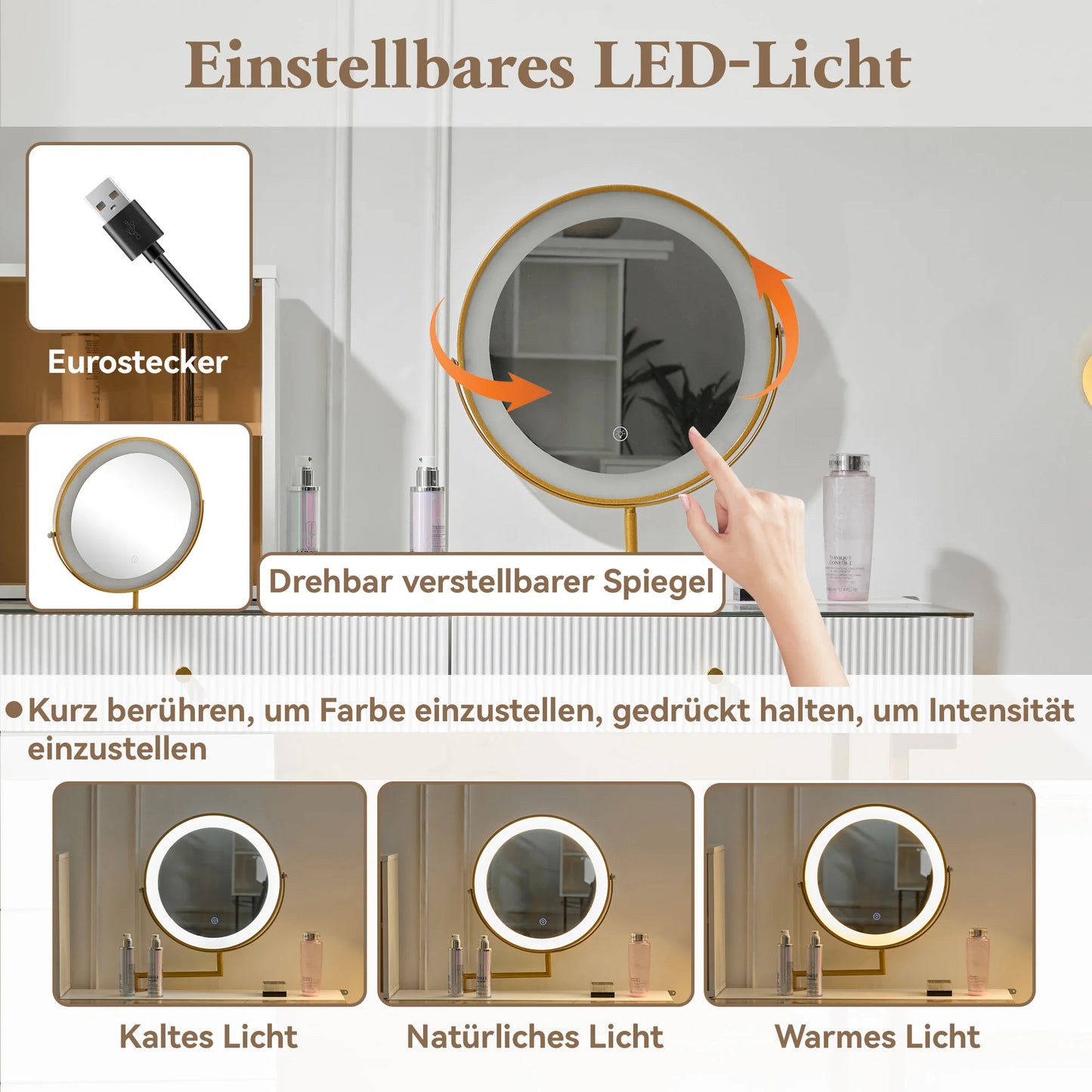Make-uptafel – Kaptafel – Schminktisch – Visagie tafel – Make-up bureau – Wit – LED-verlichting met 3 lichtkleuren – Robuust metalen frame en glanzend glazen blad
