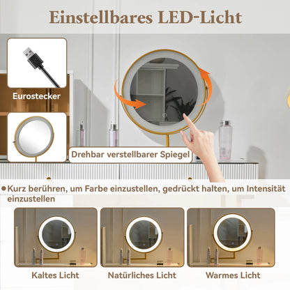 Make-uptafel – Kaptafel – Schminktisch – Visagie tafel – Make-up bureau – Wit – LED-verlichting met 3 lichtkleuren – Robuust metalen frame en glanzend glazen blad