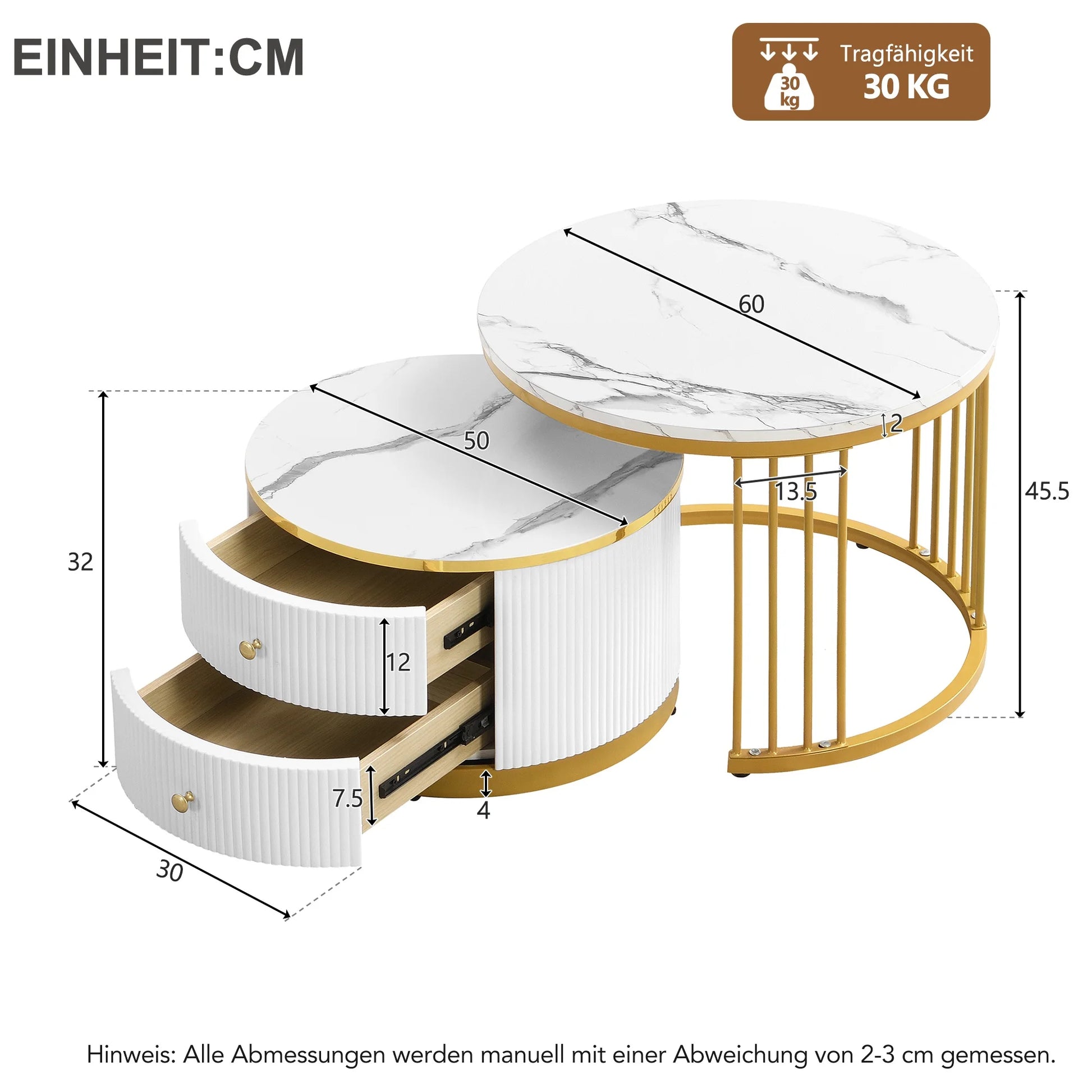 Salontafelset – Tafels – Salontafels – Woonkamertafels – Opbergtafels – Hoogglans Marmerlook – Twee Lades – Stevig Tot 30 Kg - Goud - QUORE