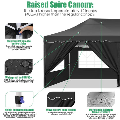 Tuinpaviljoen – Tuentent – Feesttent – Markttent – Overkapping – Waterdicht Oxford Stof – UPF 50+ Bescherming - 3 x 6 Meter - Zwart - QUORE