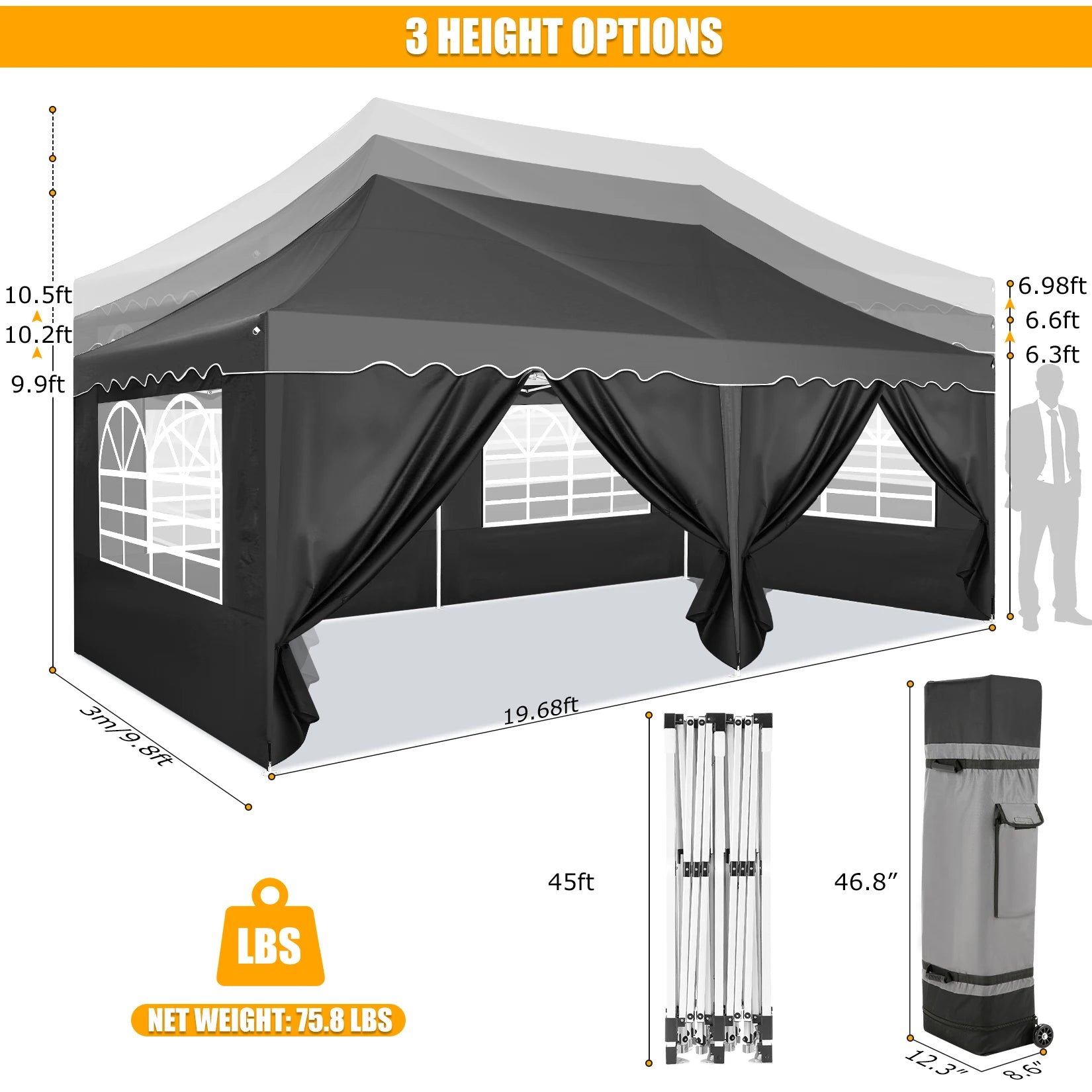 Tuinpaviljoen – Tuentent – Feesttent – Markttent – Overkapping – Waterdicht Oxford Stof – UPF 50+ Bescherming - 3 x 6 Meter - Zwart - QUORE
