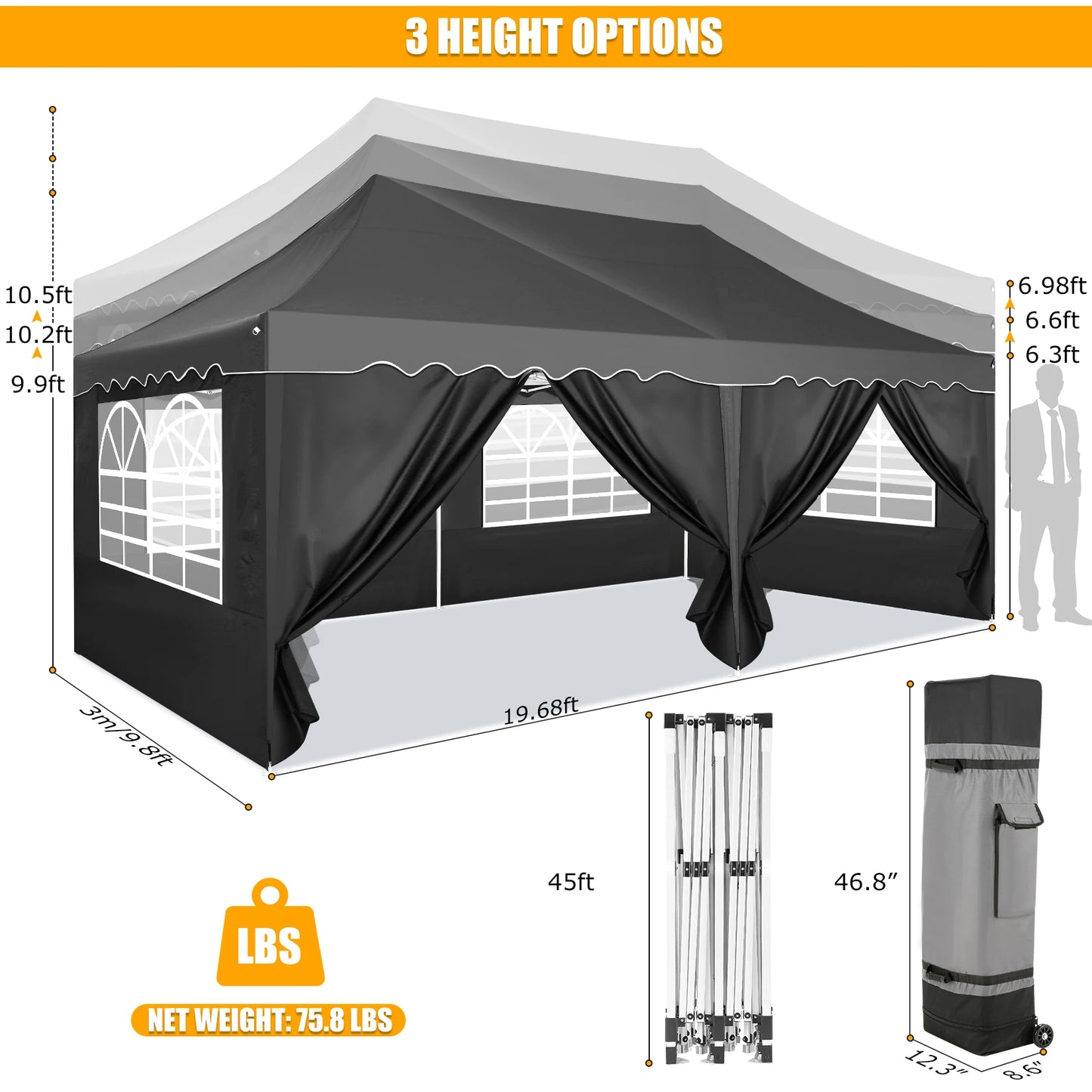 Partytent – Tent – Overkapping – Tuin Tent – 3x6 Meter – Waterdicht – UPF 50+ Bescherming - Zwart - QUORE