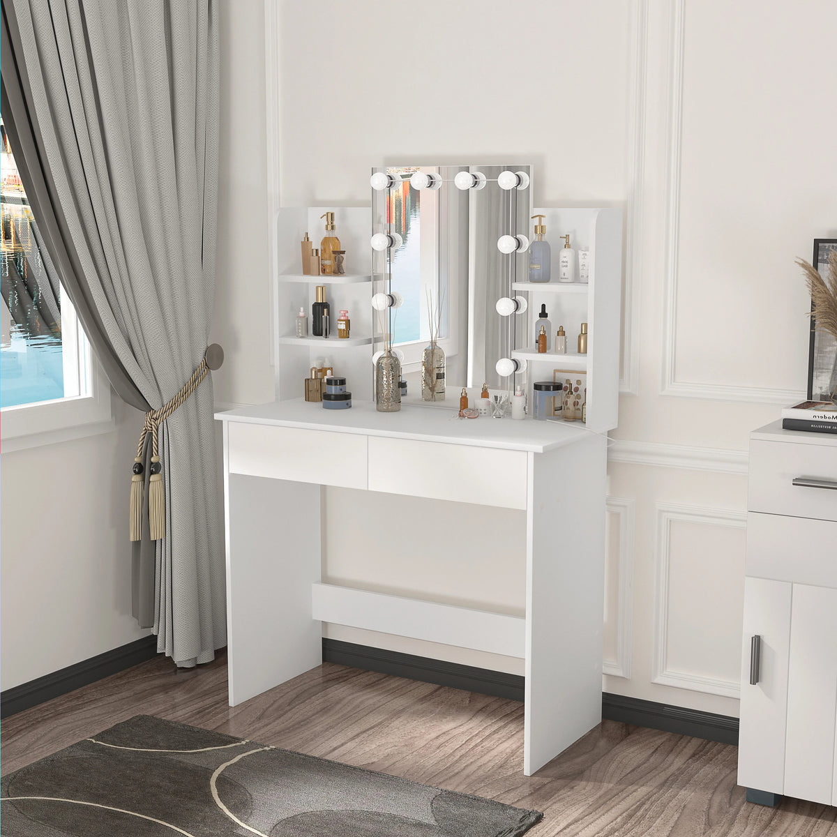 Dressing Table - Make-up Table - Dressing Table with Mirror and Lighting - LED Mirror - 2 Drawers - 4 Storage Shelves - Adjustable Lighting - 90x40x135 cm - 75 kg - White