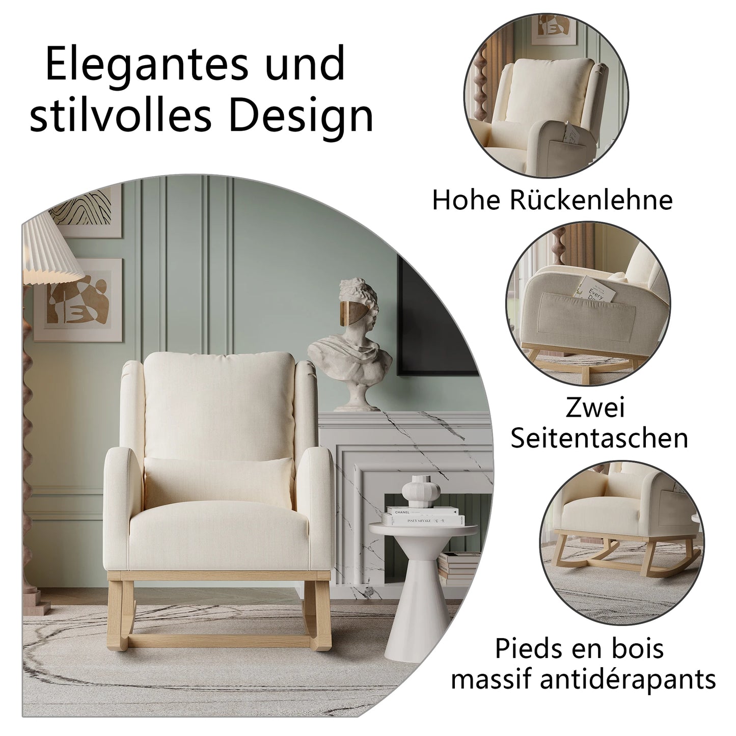 Schommelstoel – Schommelstoel Met Kussen – Relaxstoel – Woonkamerstoel – Linnen Stoel Beige – Comfortabele Dikke Rugleuning – Zachte Teddy Fleece Bekleding - QUORE