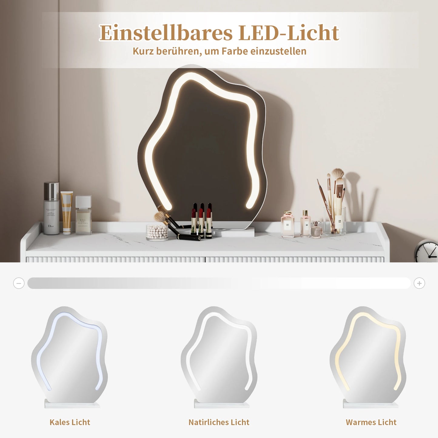 Kaptafel – Make-uptafel – Schminktisch – Verzorgingstafel – Witte Kaptafel – LED-Verlichting – Verstelbare Zijkast - Wit