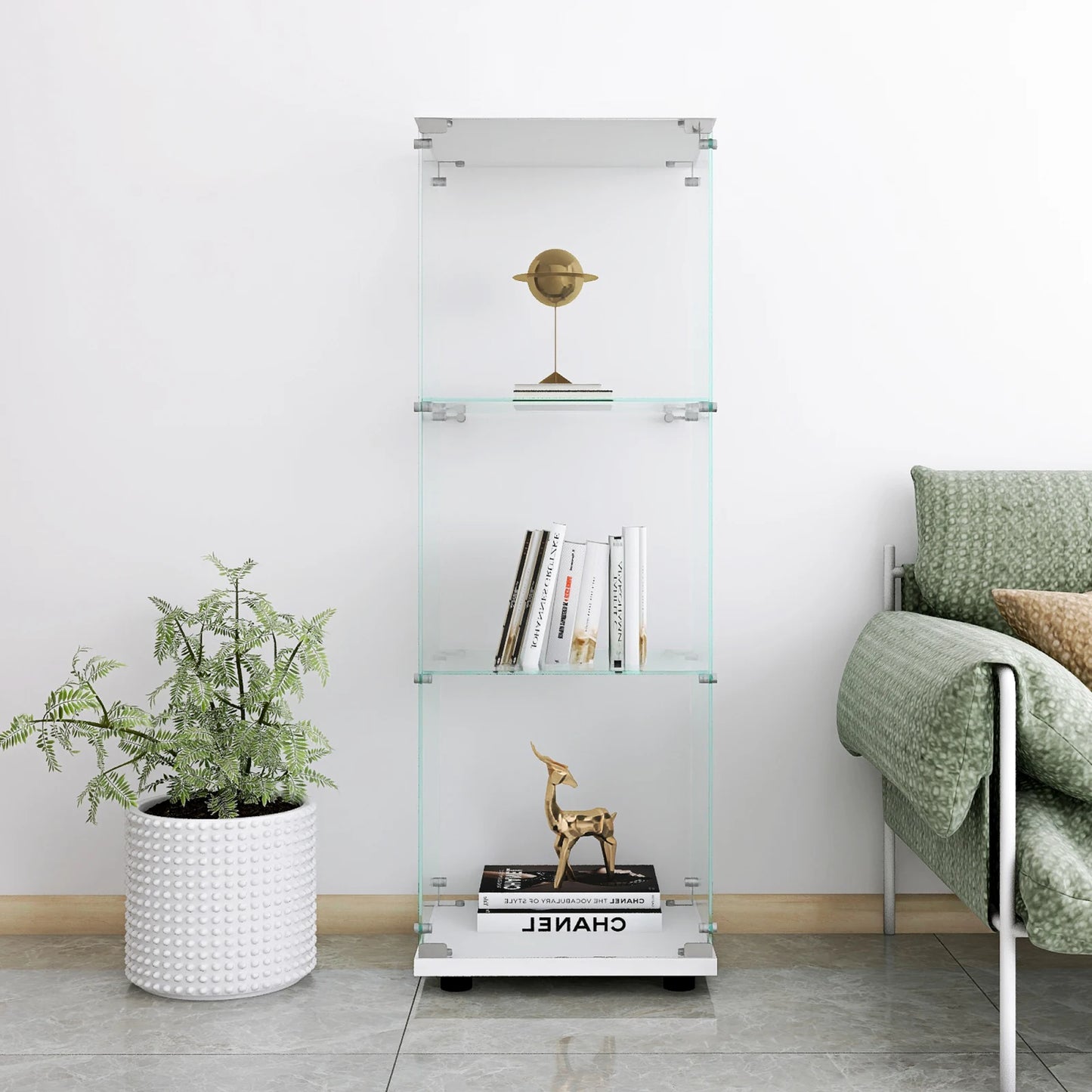 Rosahqnda Three-layer Glass Display Cabinet wardrobe with Doors and Locks, living room/office floor-to-ceiling glass shelf