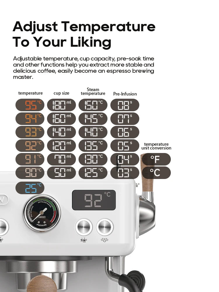 Espressomachine - Koffiemachine - Compact Koffiezetapparaat - 20 Bar - Semi-automatische - met Instelbare Druk & Temperatuur - RVS Behuizing - voor Espresso - Cappuccino en Latte