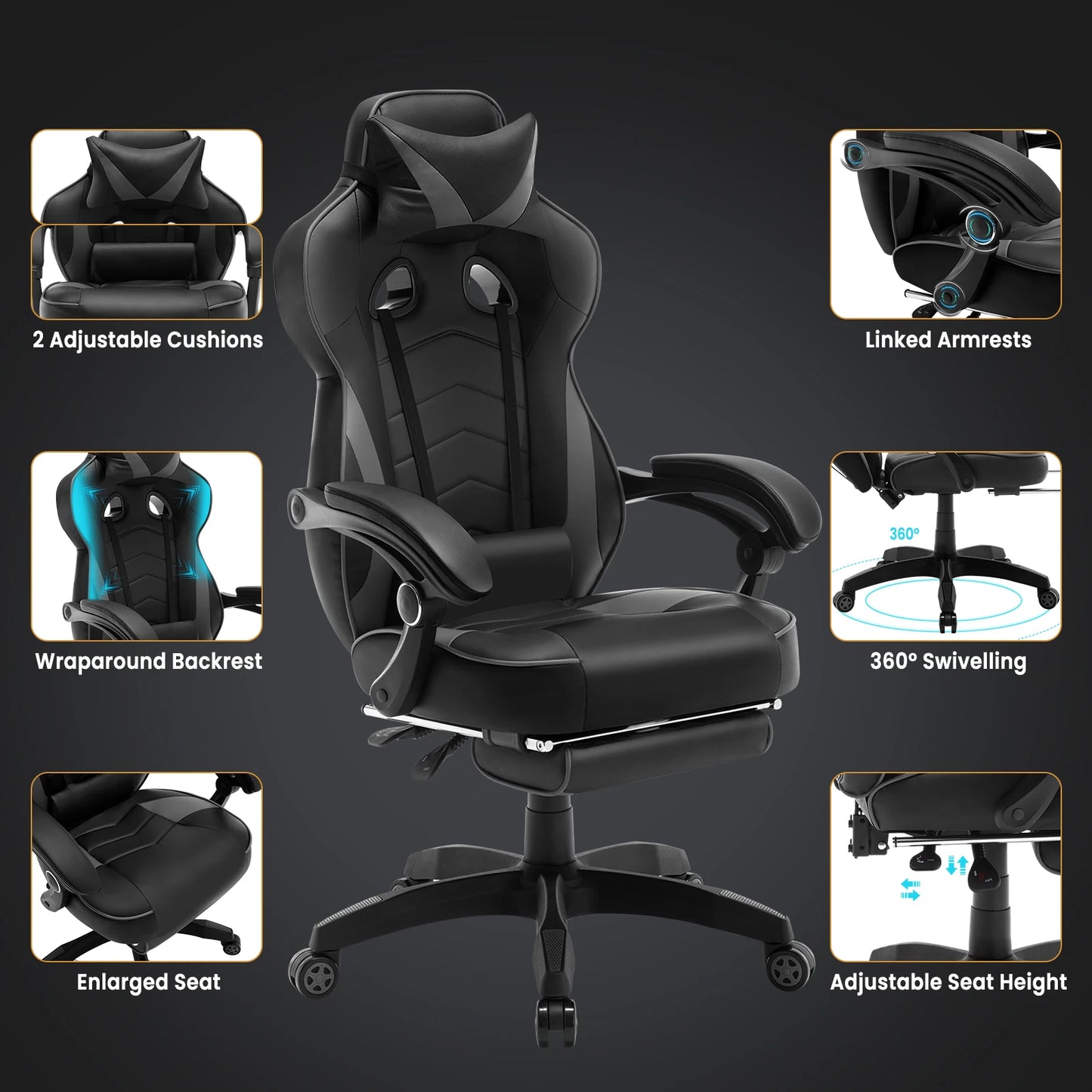 Ergonomische Gaming- en Bureaustoel – Comfortabele Werkstoel – Verstelbare Rugleuning – Voetensteun – Kunstleer – Maximale Draagkracht 120 Kg – Zwenkwielen - Grijs