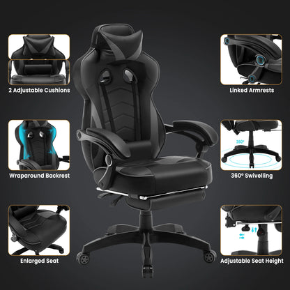 Ergonomische Gaming- en Bureaustoel – Comfortabele Werkstoel – Verstelbare Rugleuning – Voetensteun – Kunstleer – Maximale Draagkracht 120 Kg – Zwenkwielen - Grijs