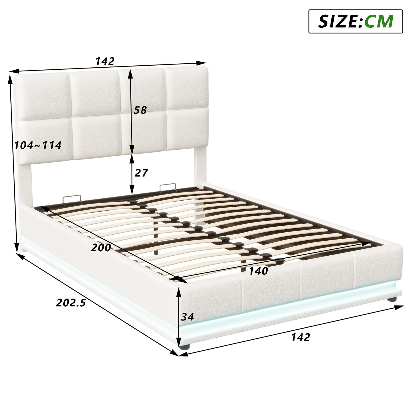 Tweepersoonsbed – Led Bed – Opbergbed – Modern Bed – Wit Gestoffeerd – 140x200 cm – Verstelbaar Hoofdbord – Hydraulische Opbergruimte