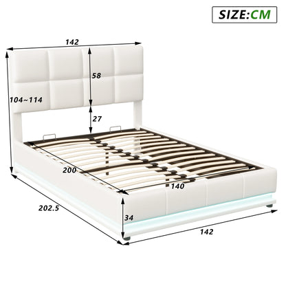 Tweepersoonsbed – Led Bed – Opbergbed – Modern Bed – Wit Gestoffeerd – 140x200 cm – Verstelbaar Hoofdbord – Hydraulische Opbergruimte