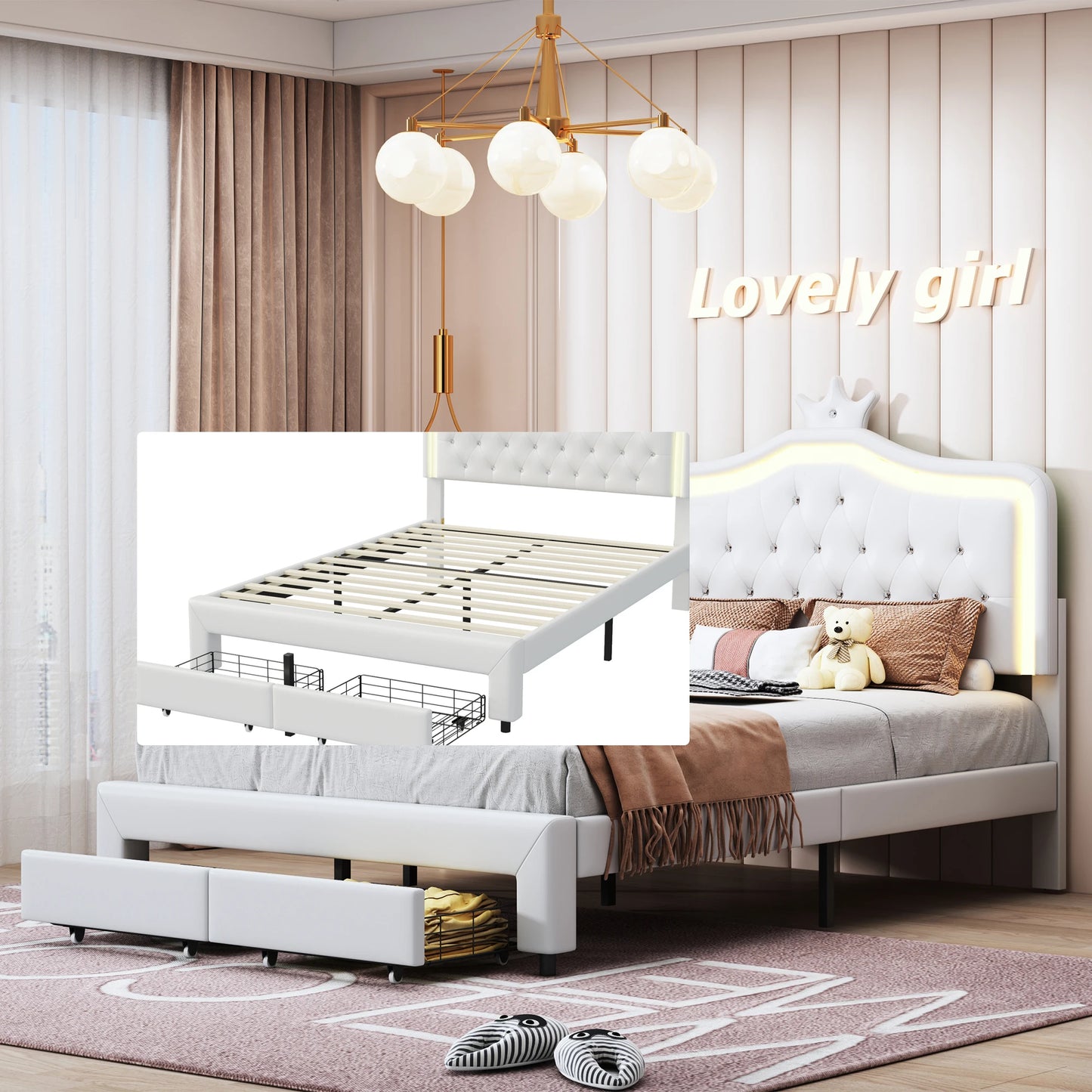 Kinderbed – Peuterbed – Eenpersoonsbed – Meisjesbed – Prinsessenbed – 140x200 cm – Met Kroonvormige Hoofdsteun – Inclusief Opberglades - QUORE