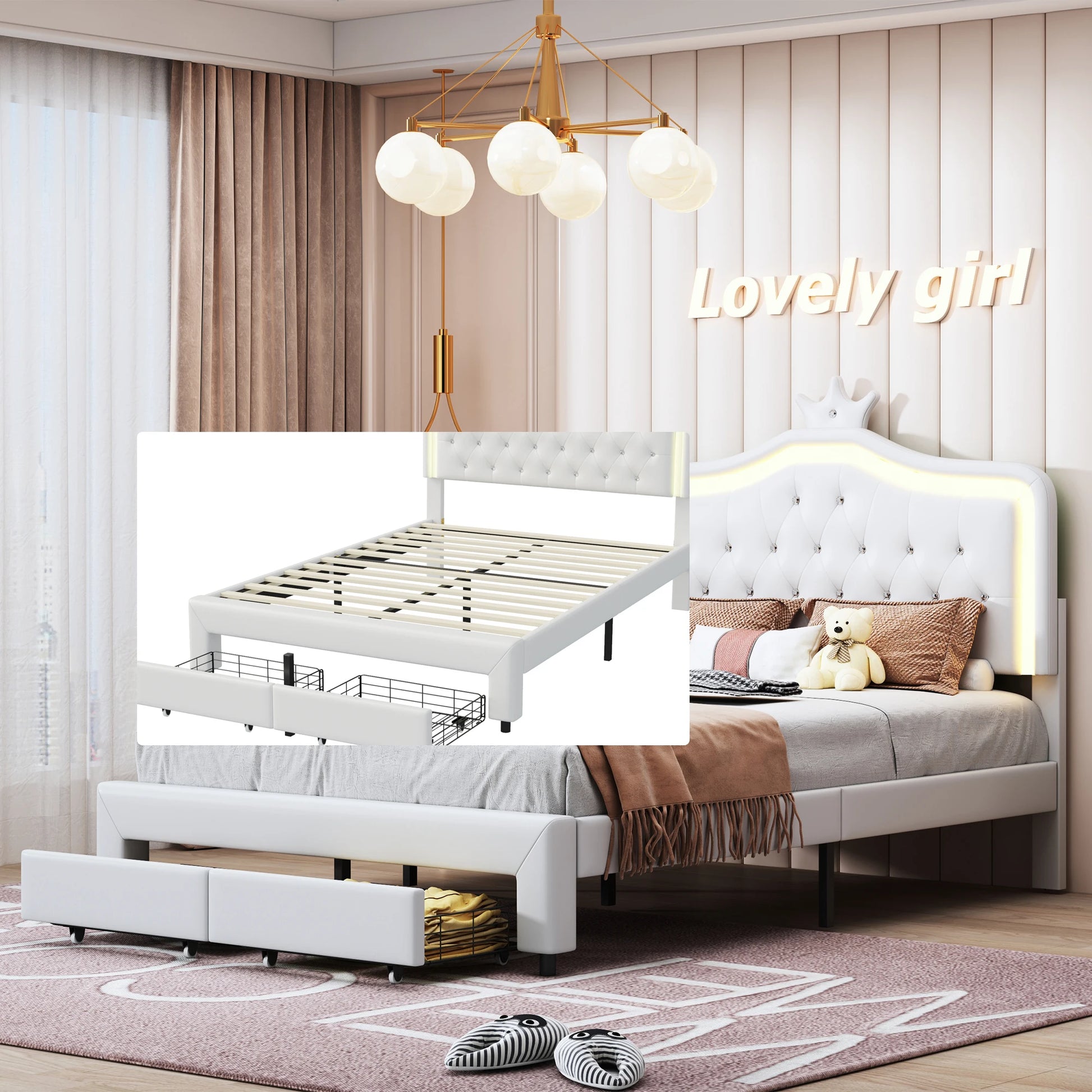 Kinderbed – Peuterbed – Eenpersoonsbed – Meisjesbed – Prinsessenbed – 140x200 cm – Met Kroonvormige Hoofdsteun – Inclusief Opberglades - QUORE