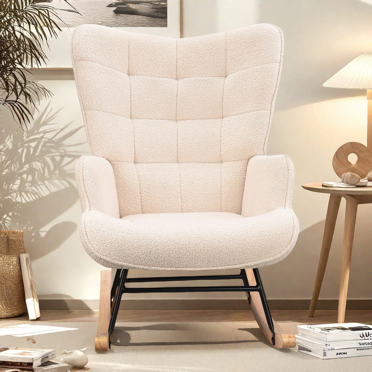 Schommelstoel – Rocking Chair – Relaxstoel – Wiegstoel – Fauteuil – Roze – Scandinavisch Design – Comfortabele Teddy Bekleding – Stevig Houten Frame