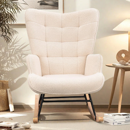Schommelstoel – Relaxstoel – Schommelstoel Met Armleuningen – Leunstoel – Woonkamerstoel – Lichtgrijs – Massief Hout En Metaal – Zachte Teddystof