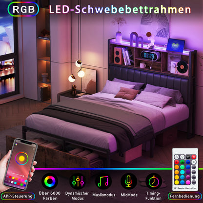 Bedframe – Metalen Bed – Gestoffeerd Bed – Tweepersoonsbed – Industrieel Bed – 160x200 cm – Met Opberglades en Robuust Metaalframe