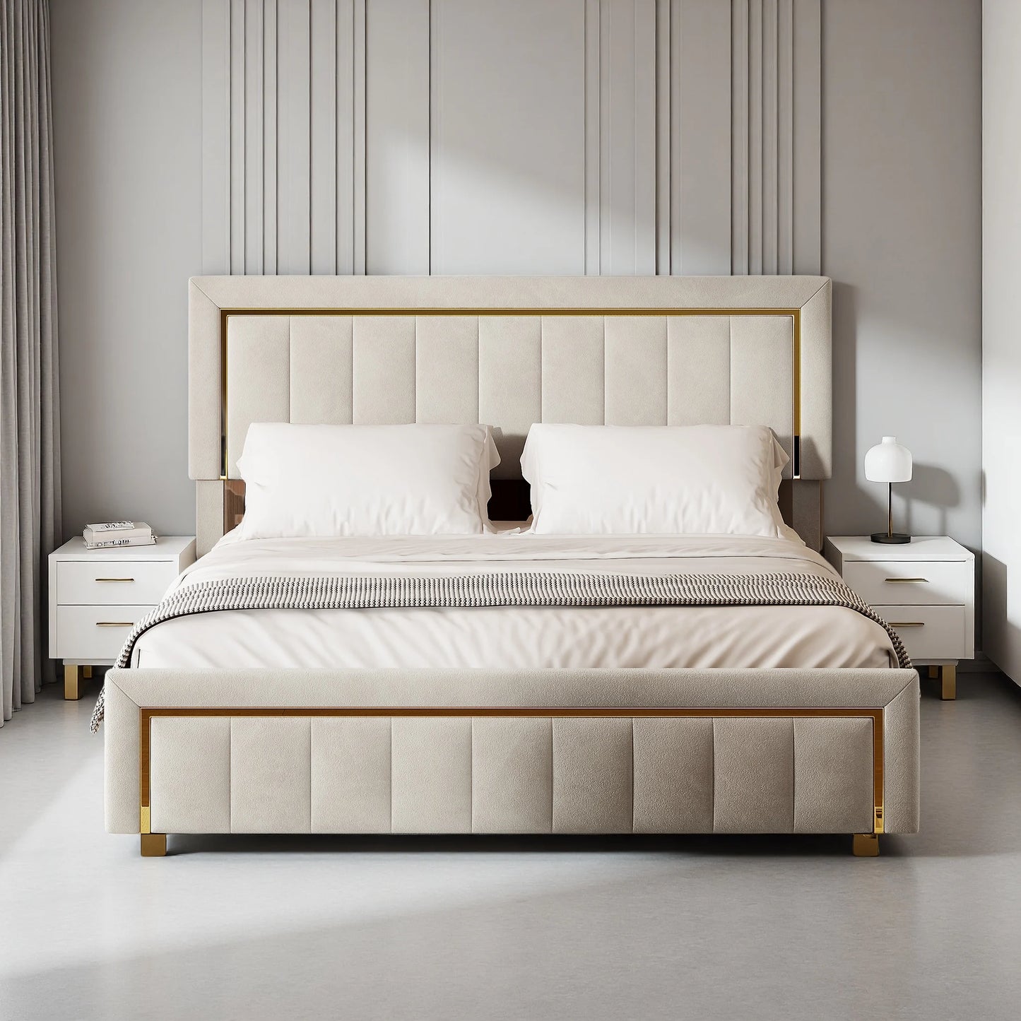 Modern Velours Bed – Boxspring Bed – Slaapbank – Stapelbed – Bedframe – Ivory – Ruime Opbergruimte Met Hydraulisch Systeem – Duurzaam Massief Houten Frame - QUORE